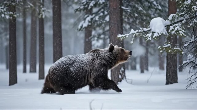 Majestic bear strides gracefully through serene snowy forest landscape