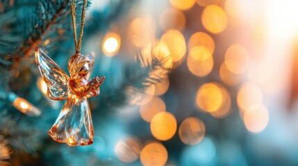 Fototapeta premium Glass angel ornament hanging on a Christmas tree with bright lights