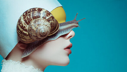 Portrait de femme avec un escargot sur es yeux