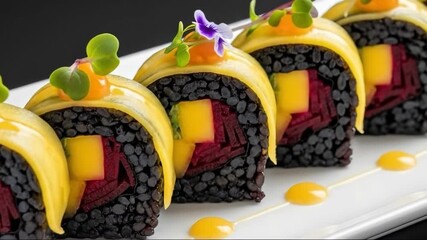 Elegant gourmet sushi roll with vibrant garnish and artistic presentation on black background