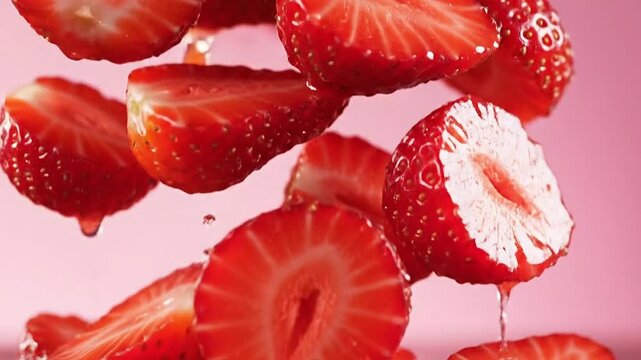 Sliced strawberries with juice dripping on pink background
