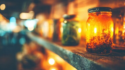 Colorful jars filled with plants and lights on wooden shelf in cozy space