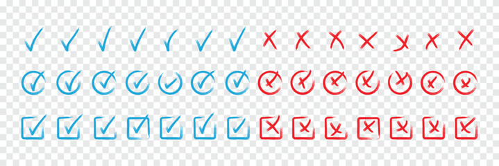 Hand drawn doodle checkmark and cross icons set checklist marks in box and circle grunge brush style vector illustration. hand drawn sketch doodle brush marker checklist symbol wrong right circle. © Hike Studio 786