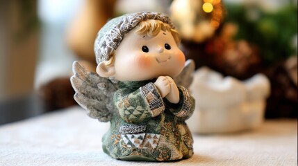 Fototapeta premium Cute angel figurine with hands clasped placed on a table during a festive season