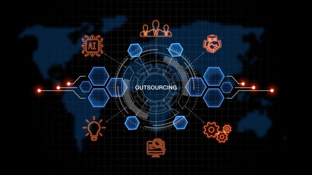 outsourcing Business, Technology, Internet and network concept. virtual screen of the future and sees the inscription: on world map background. 4k animation  