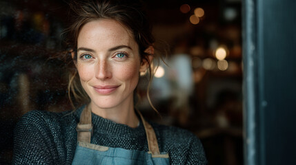 A young woman wearing a blue apron smiles while standing in a doorway