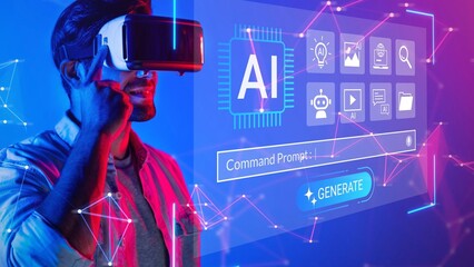 Man Engaging with Virtual Reality Headset and Artificial Intelligence Interface, Technological Innovation Concept, Digital Future Exploration, Modern Experience Gluon.