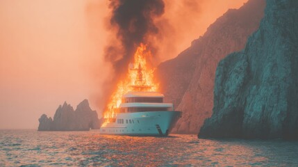 Yacht catches fire near rocky coast during sunset in the ocean