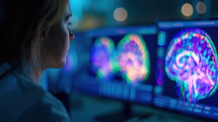 Woman analyzes brain scans in a laboratory during evening hours