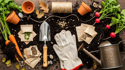 Overhead view of gardening tools seeds vegetables and organic soil ready for spring planting and harvest
