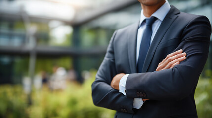 Portrait faceless businessman in business park professional outdoor corporate environment workplace setting business lifestyle formal attire defocused background with copy