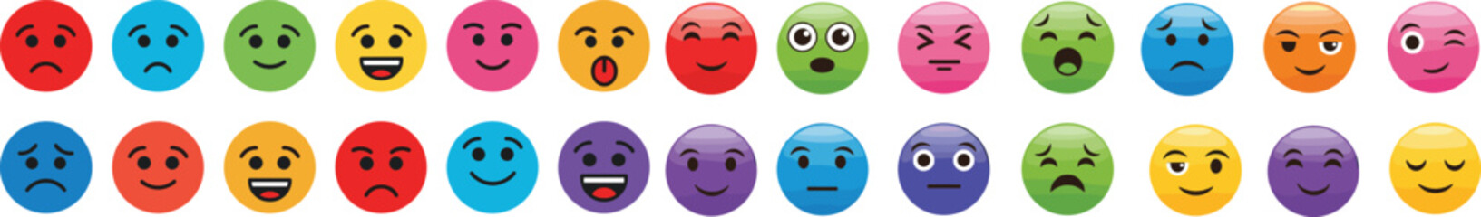 Fototapeta premium Colorful emoji facial expression vector set. Happy, sad, angry, surprised, and playful emotions in bright round icons. Perfect for apps, social media, stickers.