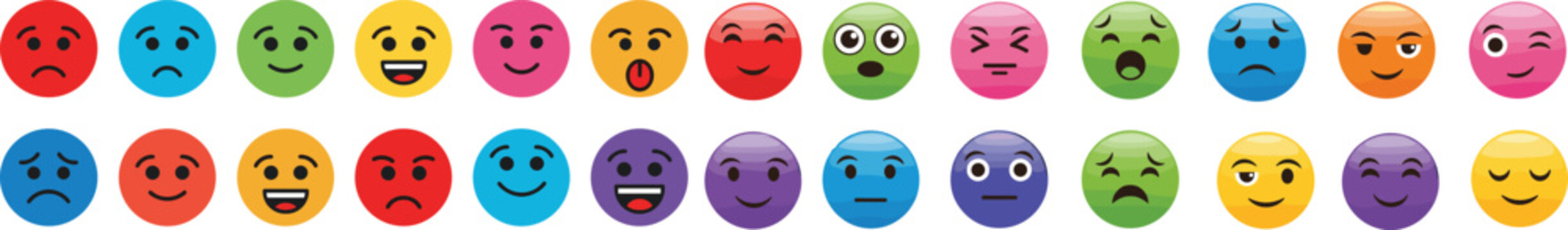 Colorful emoji facial expression vector set. Happy, sad, angry, surprised, and playful emotions in bright round icons. Perfect for apps, social media, stickers.