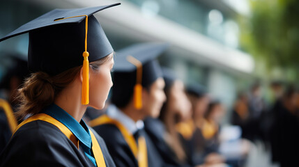 Proud faceless student and classmates during ceremony at university graduation celebration academic achievement educational milestone campus event defocused background with