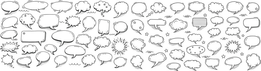 Hand drawn comic speech bubble vector set. Doodle dialogue clouds, chat boxes, and thought bubbles for cartoons and social media designs. Perfect for comics, posters, stickers, and creative projects.  © HELEN QUEEN