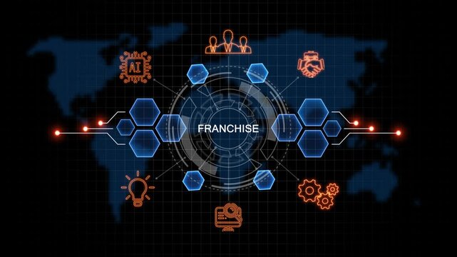 franchise Business, Technology, Internet and network concept. virtual screen of the future and sees the inscription: on world map background. 4k animation  
