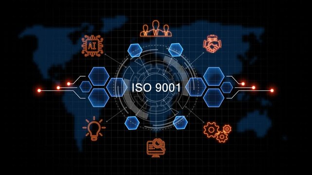 iso 9001 Business, Technology, Internet and network concept. virtual screen of the future and sees the inscription: on world map background. 4k animation  