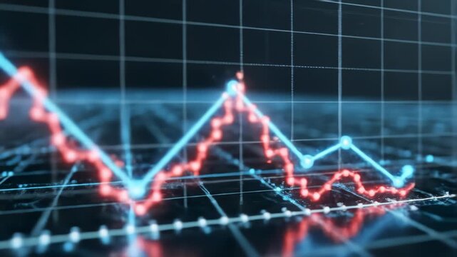 Growing line chart graph - business development competition concept animation. Hi tech style charts with grid. Camera movement with depth of field.