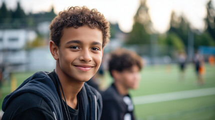 Obraz premium Faceless teenage biracial boy smiles at outdoor sports field youth athletics recreational space adolescent happiness sporting venue defocused background with copy space