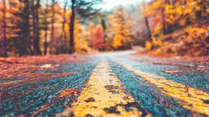 Rain falls on a winding road through colorful autumn trees in the forest
