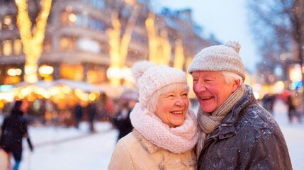 Elderly couple enjoys winter day in city filled with holiday spirit and lights