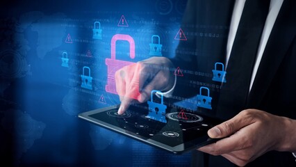 Digital security concept illustrating a cybersecurity breach, with a red unlocked padlock indicating data exposure among secure systems, emphasizing system vulnerability and risk Marrow