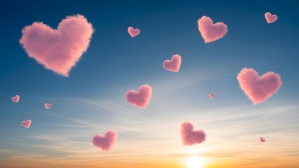 Fototapeta premium Heart shaped pink clouds floating in a blue sky during a beautiful romantic sunset scene above horizon