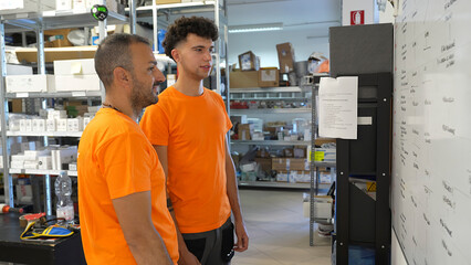 Collaborative shift planning meeting between workers in warehouse in front of planning board