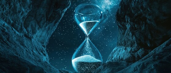Glowing crystal hourglass floating between rocky cave walls, AI-generated.