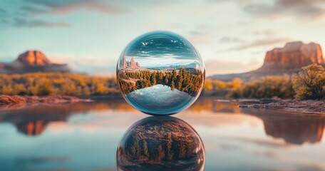 Transparent glass sphere reflecting forest and desert landscape over water, AI-generated.