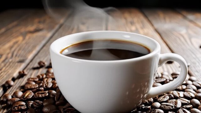 Steaming White Coffee Cup Filled With Dark Coffee Surrounded By Roasted Coffee Beans On A Rustic Wooden Table Surface