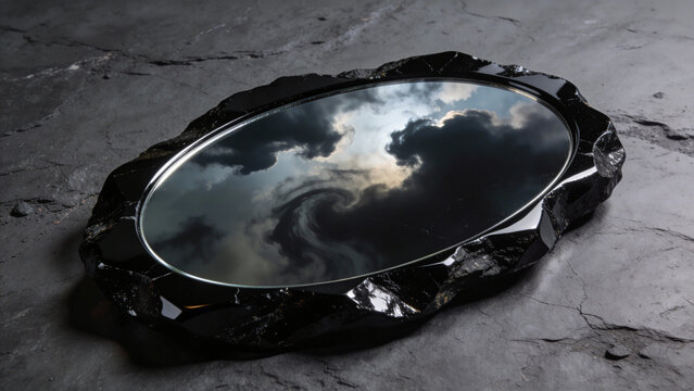 Black Obsidian Mirror Reflecting Dramatic Stormy Sky