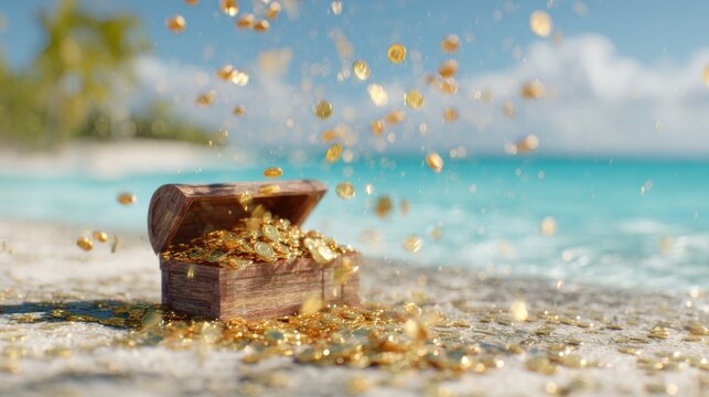 Treasure chest filled with coins on sandy beach near clear blue water - Powered by Adobe
