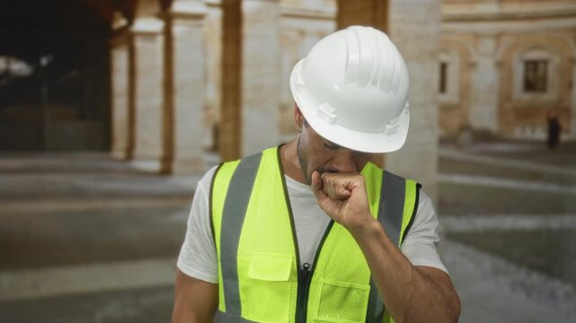 Engineer in white hardhat and reflective vest touches neck at historic stone building in old town; discomfort.