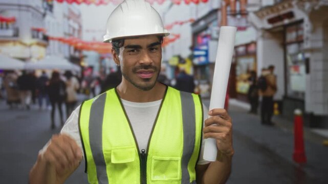 Man wearing a hardhat examines rolled document on a crowded city street during daytime; determination.
