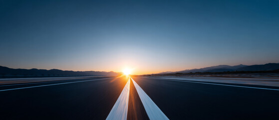 Sunset view of an empty highway stretching towards distant mountains under a clear blue sky with warm sunlight on the horizon