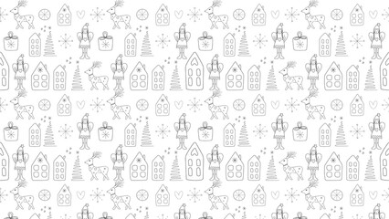 Whimsical Christmas pattern with hand drawn holiday icons and symbols