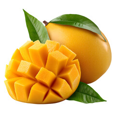 A fresh and juicy mango, cut into cubes, is a tropical fruit with yellow skin and green leaves on the top, transparent background