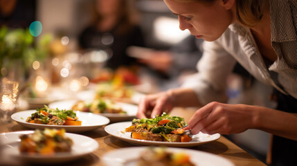 Naklejka premium Faceless woman serving food at dinner party hosting gathering meal presentation social event culinary hospitality entertaining guests defocused background with copy space