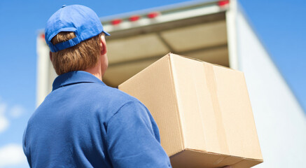 Delivery person carries box towards truck in bright weather