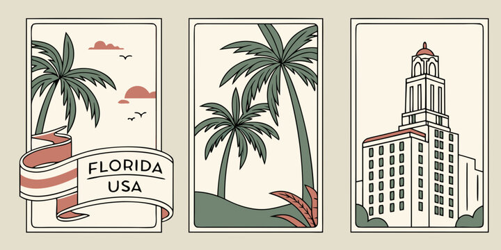Florida Panels Featuring Palm Trees, Red-Roof Landmark & Tropical Landscape in Vintage Style, USA, US, United States
