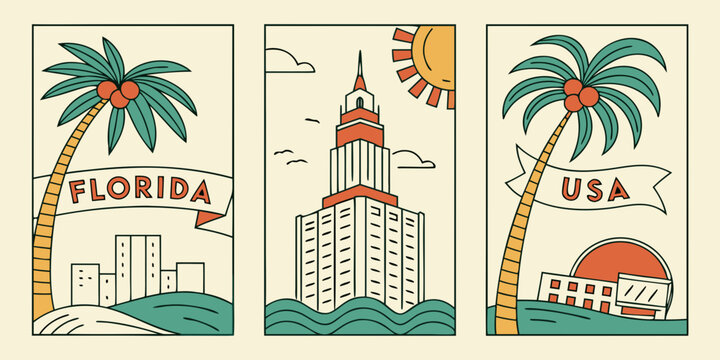 Florida Panels Featuring Palm Trees, Red-Roof Landmark & Dome Building in Retro Tropical Style, USA, US, United States
