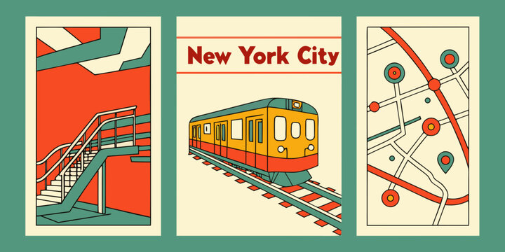 New York Panels Featuring Subway Station, Yellow Train & Transit Map in Retro Urban Style, USA, US, United States
