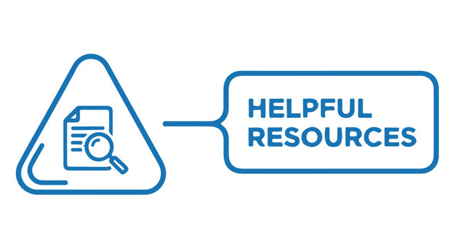 A blue icon of a document with a magnifying glass inside a triangle next to a text box with the words Helpful Resources. dividers decorative border design concept