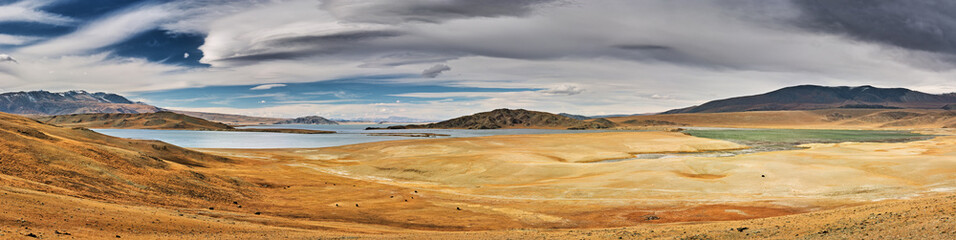 landscape with lakes and mountains in desert of Western Mongolia