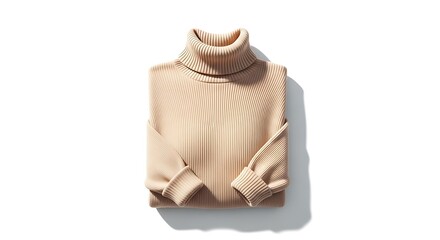 Cozy beige turtleneck sweater neatly folded on a clean white background, perfect for winter fashion.