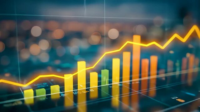 Rising Financial Charts and Upward Market Trends Displayed Over Dark City Skyline Creating Clean Modern Data Analysis Atmosphere