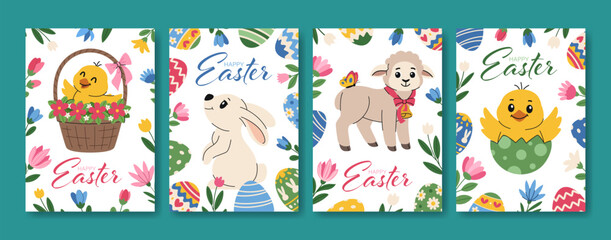 Obraz premium Happy Easter cards vector set. Templates for Easter greetings, illustrations with chicks, a bunny, a lamb, eggs, and spring flowers.