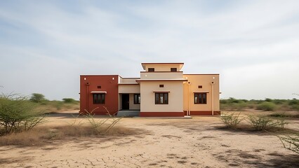 Modern house with unique architecture standing in a dry desert landscape with sparse vegetation and a serene sky background creating a sense of isolation and tranquility.