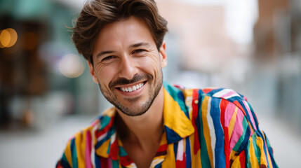 Naklejka premium Portrait faceless handsome multi ethnic young man wearing colorful shirt outdoors during summer smiling casual lifestyle seasonal fashion youthful energy defocused background